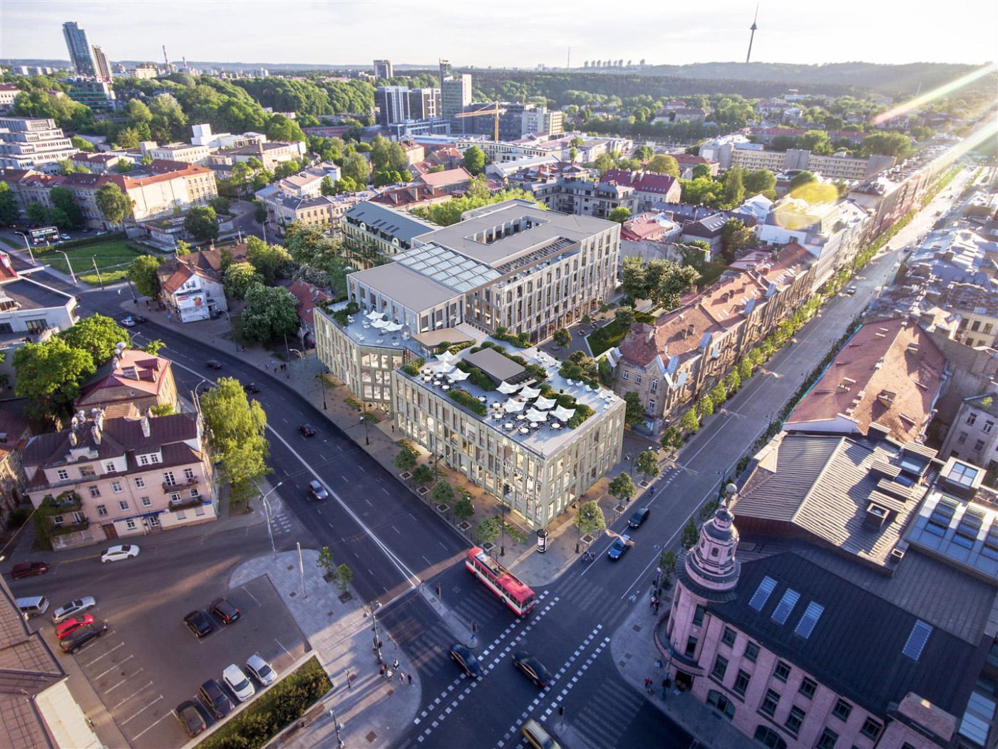 Vilniaus Gedimino prospekte pradėtos maždaug po metų duris turėtų atverti naujas keturių žvaigždučių viešbutis „Hilton Garden Inn“. „Eikos“ vizual.